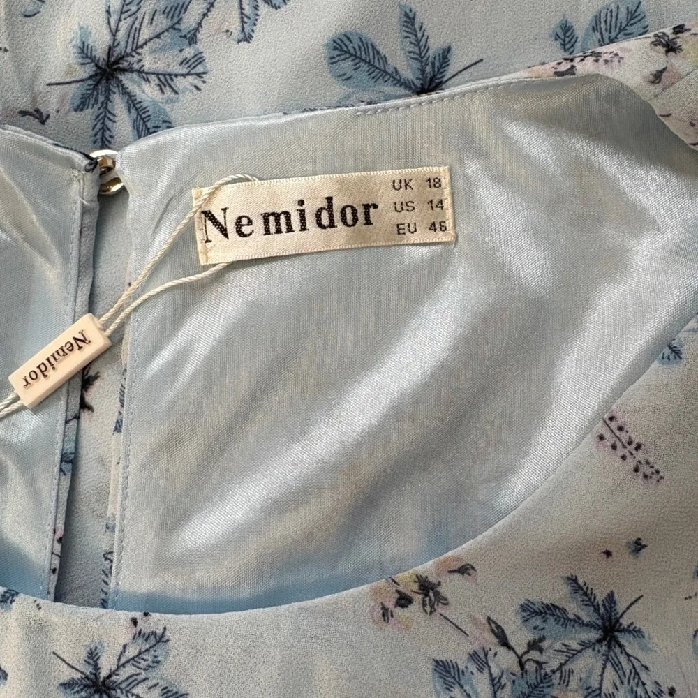 Nemidor Light Blue‎ Floral Chiffon Midi Dress Flutter Sleeve Cottagecore Sz 14